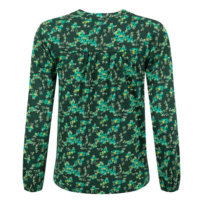 Back view of a womens Weird Fish green floral patterned Brooke long sleeve top on a white background