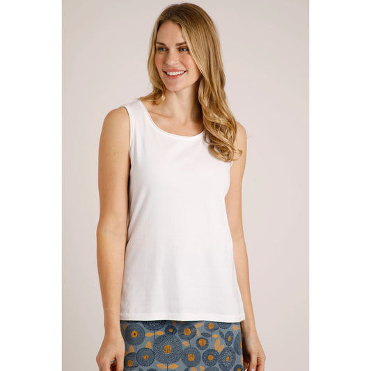 Front view of a Weird Fish womens plain Calle white vest sleeveless casual top with round neckline