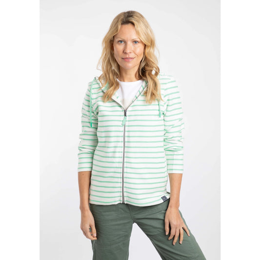 Front view of a woman wearing a Weird Fish Catalina full zip loopback hoodie in  an Apple Mint green and white stripe pattern