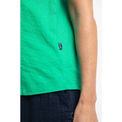 Close-up view of the logo label of a womens Weird Fish Chelle square neck vest in Gumdrop Green