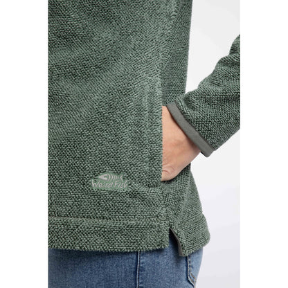 Close-up view of the tummy pocket and logo on a Weird Fish womens 1/4 zip Sarah fleece in Military Green.
