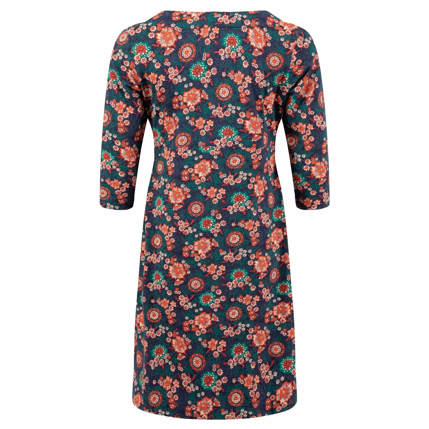 Weird Fish dark blue and coral floral patterned Starshine dress on a white background