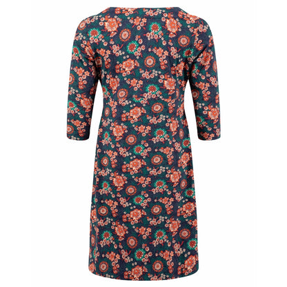Weird Fish dark blue and coral floral patterned Starshine dress on a white background