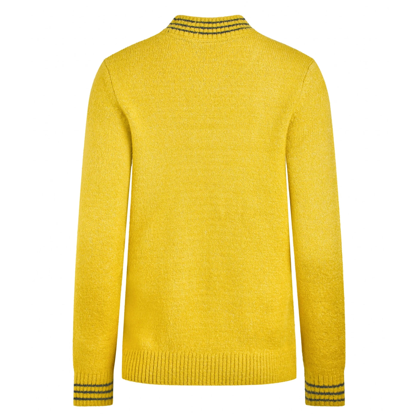 Back view of a womens Weir Fish yellow Dawkins jumper with striped cuffs on a white background