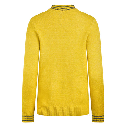 Back view of a womens Weir Fish yellow Dawkins jumper with striped cuffs on a white background