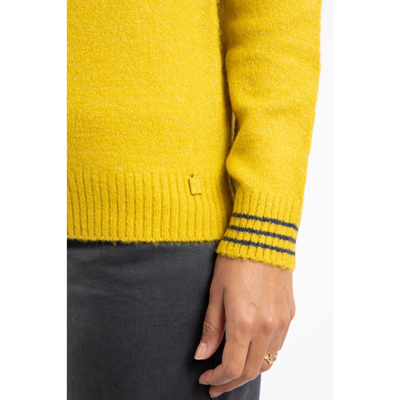 Womens Weird Fish yellow Dawkins jumper with navy stripe cuffs on a white background
