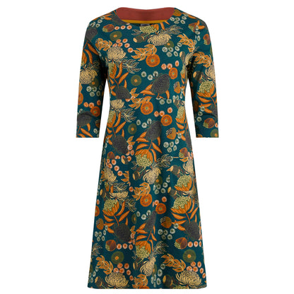 Weird Fish womens Starshine Teal and multicolour floral patterned dress with 3/4 sleeves on a white background