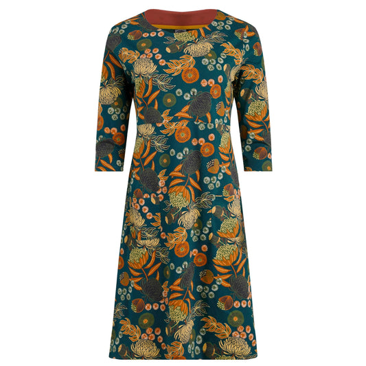 Weird Fish womens Starshine Teal and multicolour floral patterned dress with 3/4 sleeves on a white background
