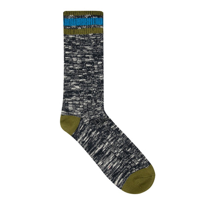 Front view of a pair of women's Weird Fish Dilki ribbed boot socks in navy with a flecked fabric and contrasting khaki and blue heels, toes and top stripes.
