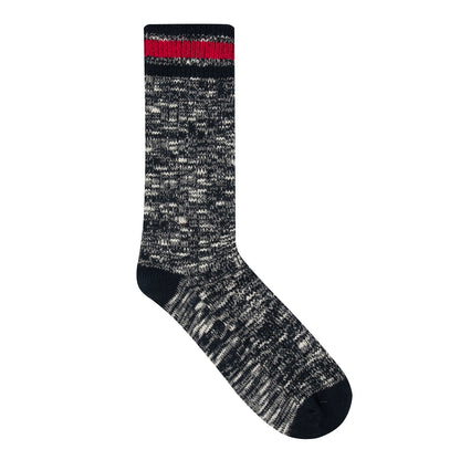 Front view of a pair of women's Weird Fish Dilki ribbed boot socks in navy with a flecked fabric and contrasting black and red heels, toes and top stripes.