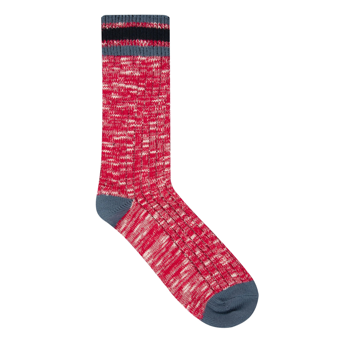 Front view of a pair of women's Weird Fish Dilki ribbed boot socks in red with a flecked fabric and contrasting blue and black heels, toes and top stripes.