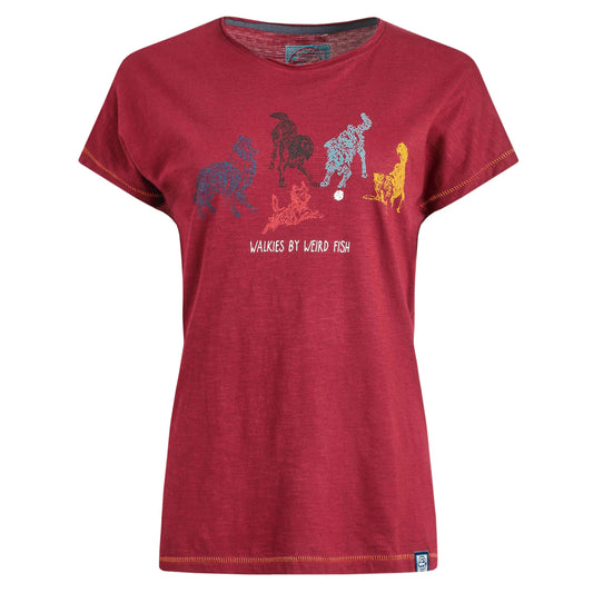 Red t-shirt with dog graphic design print and 'Walkies by Weird Fish' text on a white background