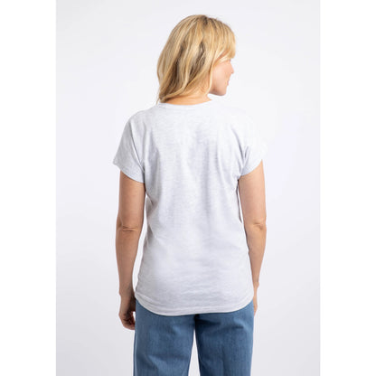 Back view of a woman wearing a Weird Fish short sleeve t-shirt in Light Grey Marl with a Koi Carp print on the front made up of Fern leaves.