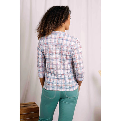 Back view of Weird Fish womens Fes check shirt in Pale Denim Blue worn by a woman with three-quarter sleeves