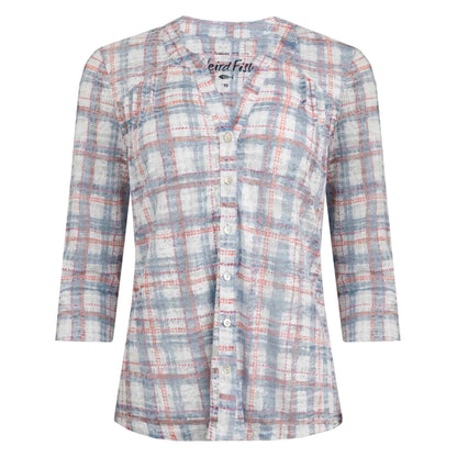 Weird Fish womens Fes check shirt in Pale Denim Blue with button front and three-quarter sleeves