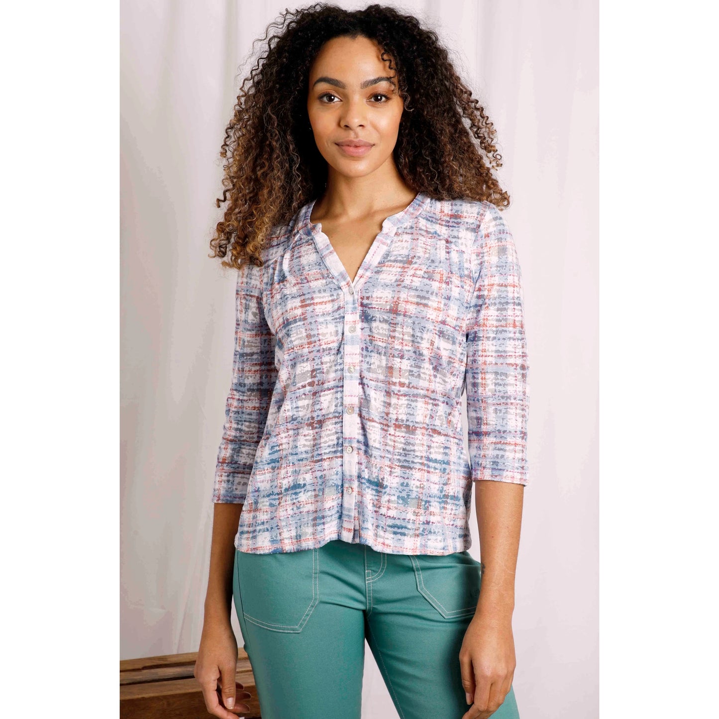 Front view of a Weird Fish womens Fes check shirt in Pale Denim Blue with three-quarter sleeves and button front