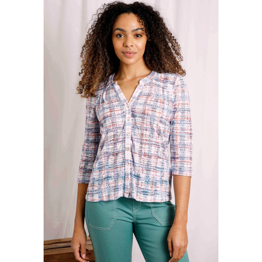 Front view of a Weird Fish womens Fes check shirt in Pale Denim Blue with three-quarter sleeves and button front
