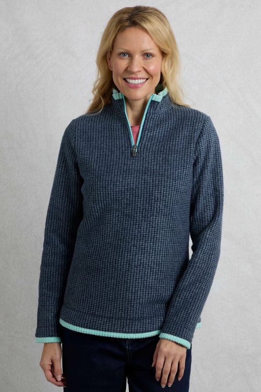 Weird Fish womens fleece navy blue textured half-zip pullover with light blue trim