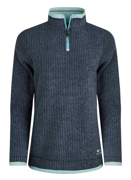 Weird Fish womens fleece navy half-zip pullover with textured fabric and light blue trim