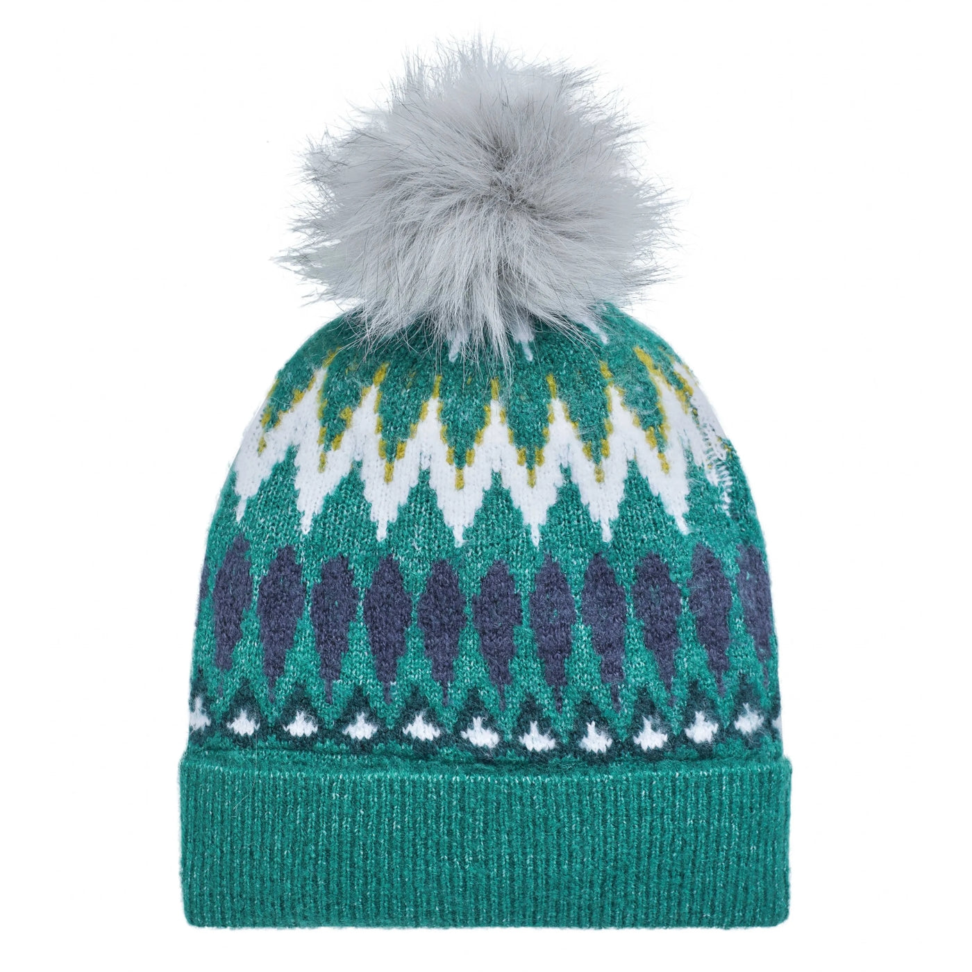 A knitted Weird Fish Frady bobble hat in Ivy Green with a Fair Isle pattern and faux fur pom-pom on a white background