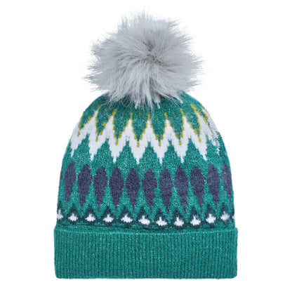 A knitted Weird Fish Frady bobble hat in Ivy Green with a Fair Isle pattern and faux fur pom-pom on a white background