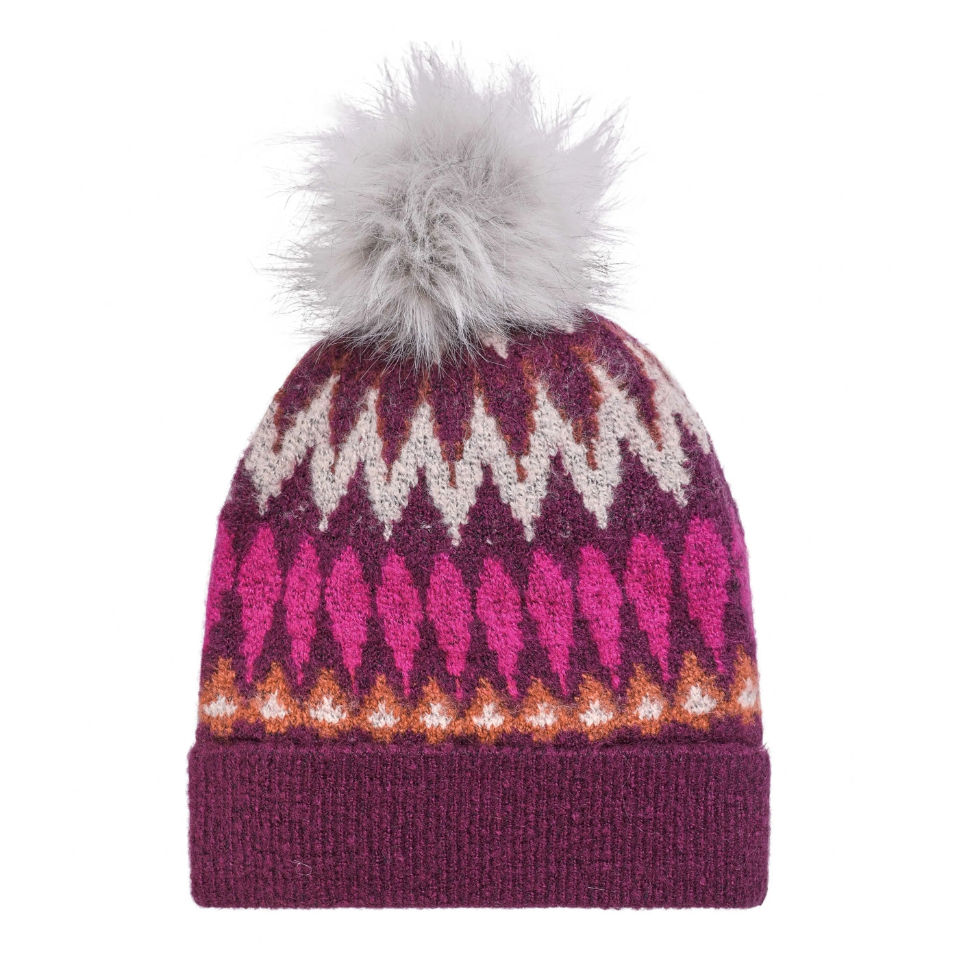 A knitted Weird Fish Frady beanie hat with a Fair Isle patterned design, turn-up hem and faux fur pom-pom on a white background