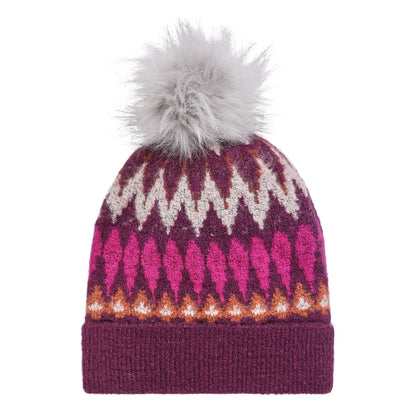 A knitted Weird Fish Frady beanie hat with a Fair Isle patterned design, turn-up hem and faux fur pom-pom on a white background
