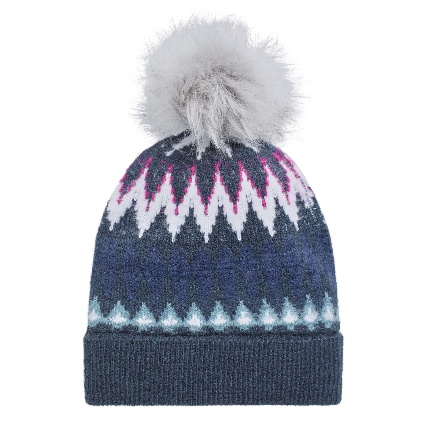 A Weird Fish knitted bobble hat in navy with a Fair Isle pattern and faux fur pom-pom on a white background