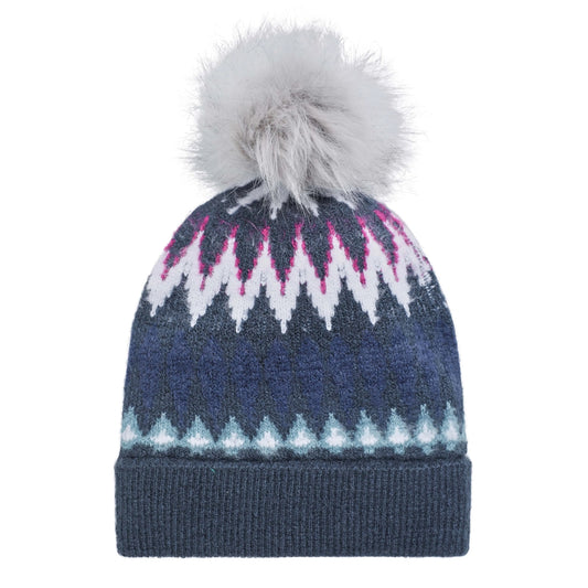 A Weird Fish knitted bobble hat in navy with a Fair Isle pattern and faux fur pom-pom on a white background