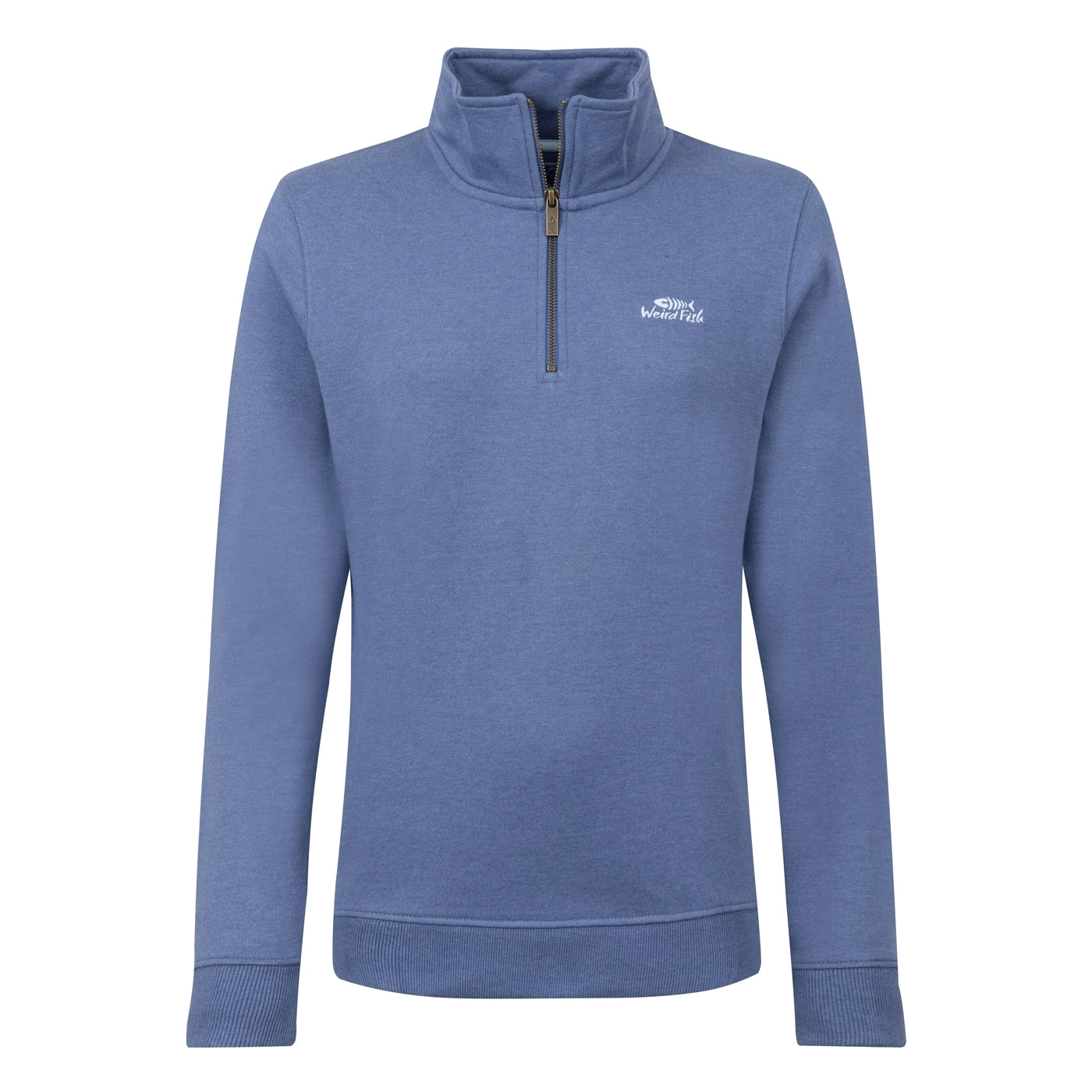 Front view of a women's Weird Fish Avery 1/4 zip plain sweatshirt in Faded Blue with a small logo on the chest