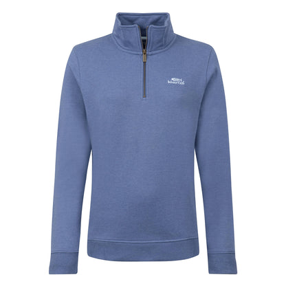 Front view of a women's Weird Fish Avery 1/4 zip plain sweatshirt in Faded Blue with a small logo on the chest