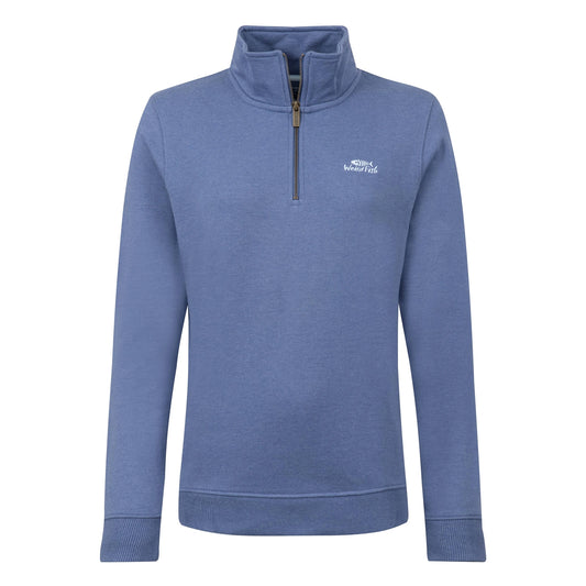 Front view of a women's Weird Fish Avery 1/4 zip plain sweatshirt in Faded Blue with a small logo on the chest