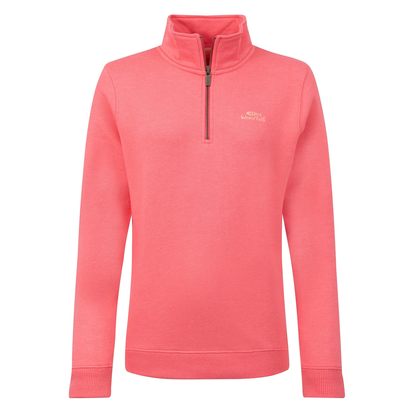 Front view of a women's Weird Fish Avery 1/4 zip plain sweatshirt in Flamingo Pink with a small logo on the chest
