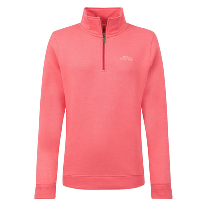 Front view of a women's Weird Fish Avery 1/4 zip plain sweatshirt in Flamingo Pink with a small logo on the chest