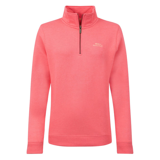 Front view of a women's Weird Fish Avery 1/4 zip plain sweatshirt in Flamingo Pink with a small logo on the chest