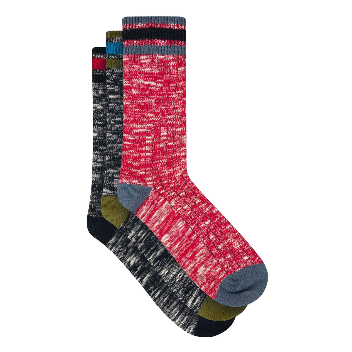 Front view of three pairs of women's Weird Fish Dilki ribbed boot socks in red and navy with a flecked fabric and contrasting heels, toes and top stripes