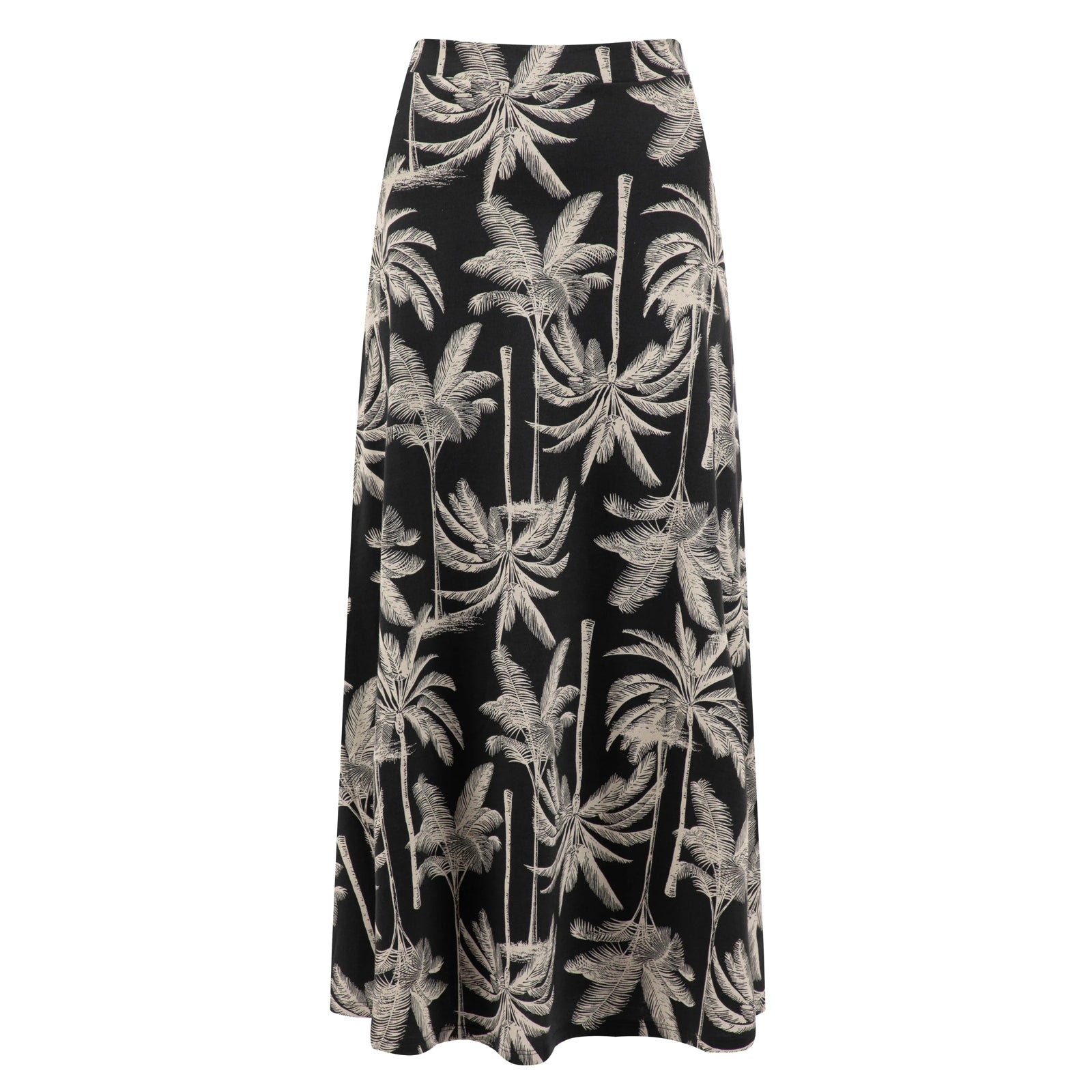 Front view of a Weird Fish womens Eloriah midi jersey skirt in black with a beige palm tree pattern.