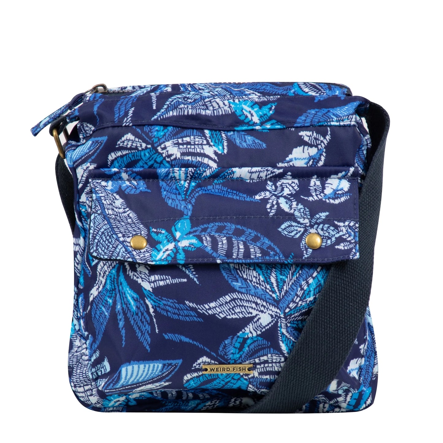 Front view of a Weird Fish Kait cross body bag in navy with a blue tropical leaf print, adjustable shoulder strap and front pocket.