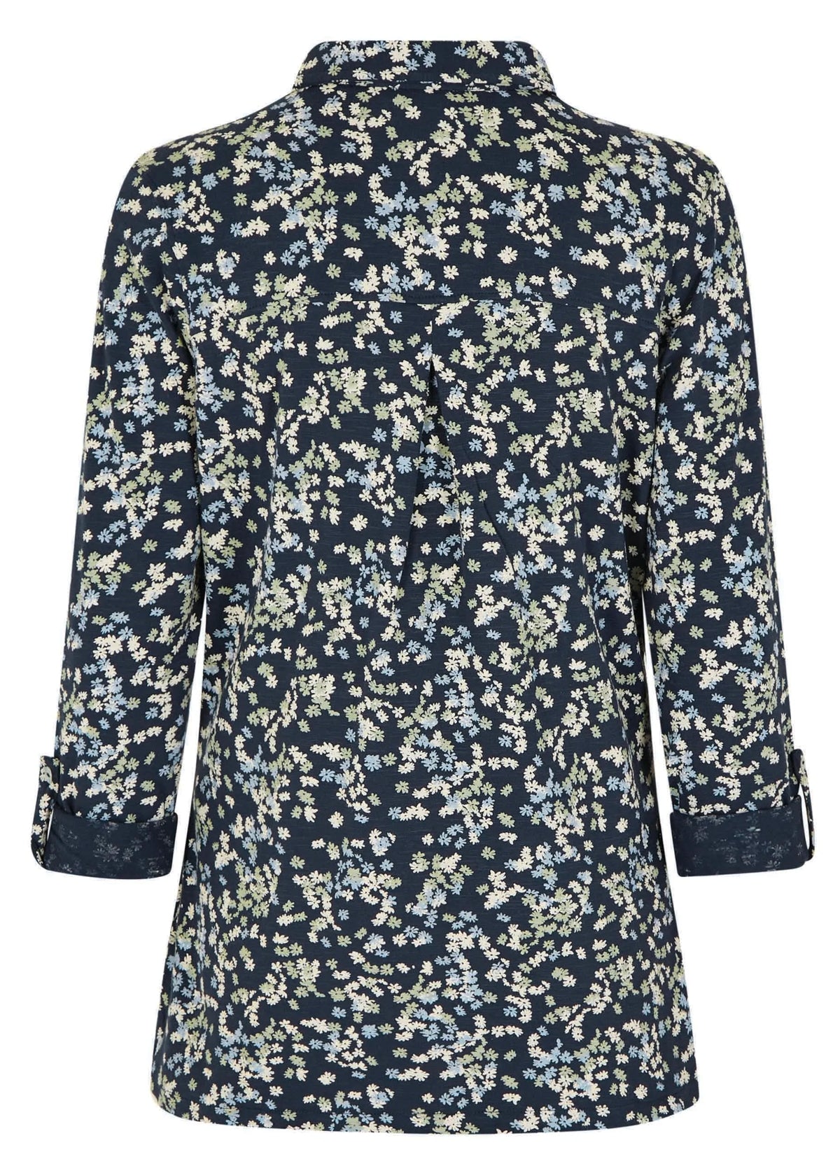 Weird Fish womens Ginny floral shirt with Ink navy background and small white and blue flowers