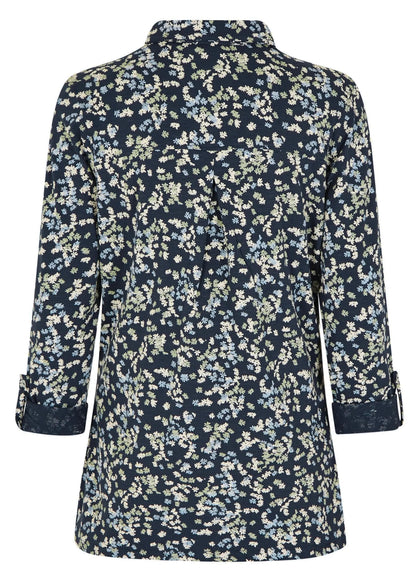 Weird Fish womens Ginny floral shirt with Ink navy background and small white and blue flowers