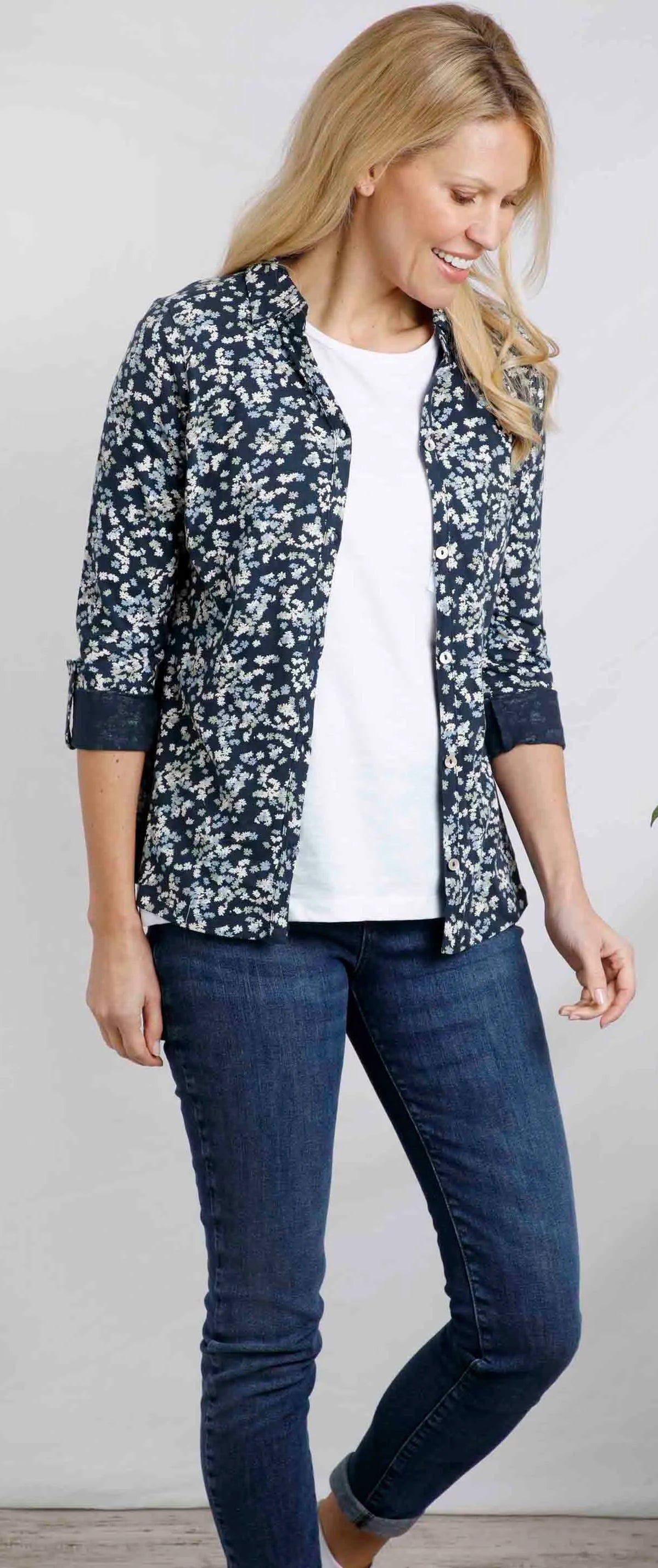 Weird Fish womens Ginny floral shirt in Ink navy with white floral pattern worn with white tee and jeans