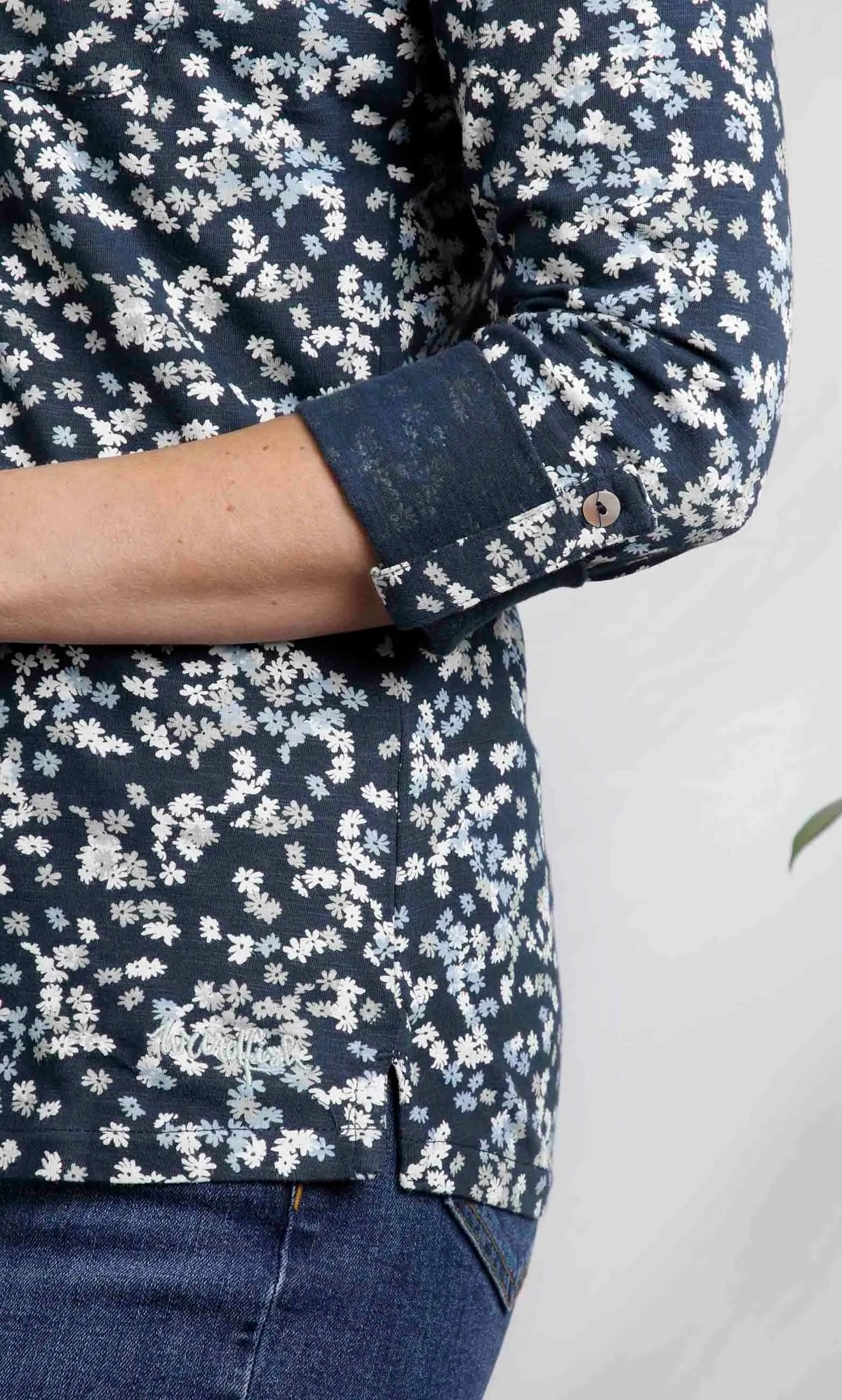 Weird Fish womens Ginny floral shirt with Ink blue and white flower pattern and buttoned cuff detail