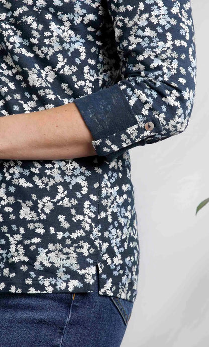 Weird Fish womens Ginny floral shirt with Ink blue and white flower pattern and buttoned cuff detail