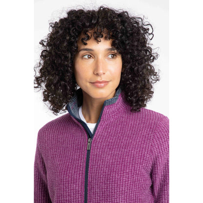 Weird Fish womens Ariana grid fleece purple wine textured zip-up jacket on model with curly hair
