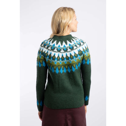 Back view of a woman wearing a Weird Fish knitted Lowell jumper in Bottle Green, with a Fair Isle pattern across the chest and shoulders.