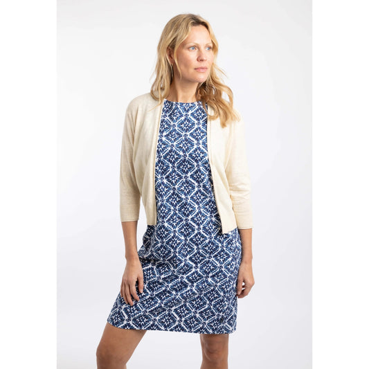 Front view of a woman wearing a Weird Fish Limon 3/4 sleeve shrug cardigan in Light Cream