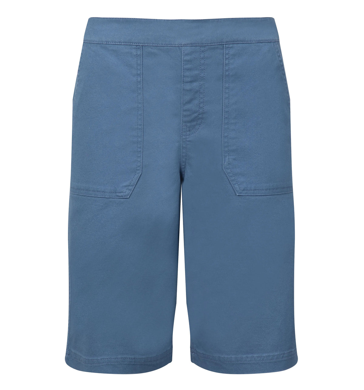 Front view of a pair of womens Weird Fish flat front Kinnie shorts in Faded Blue with elastic waist and hip pockets.