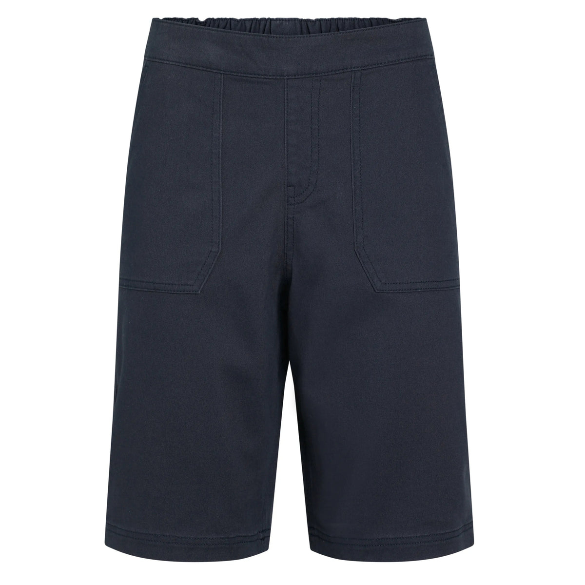 Front view of a pair of womens Weird Fish flat front Kinnie shorts in navy with elastic waist and hip pockets.