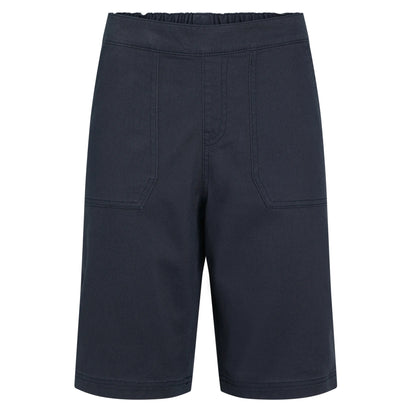 Front view of a pair of womens Weird Fish flat front Kinnie shorts in navy with elastic waist and hip pockets.