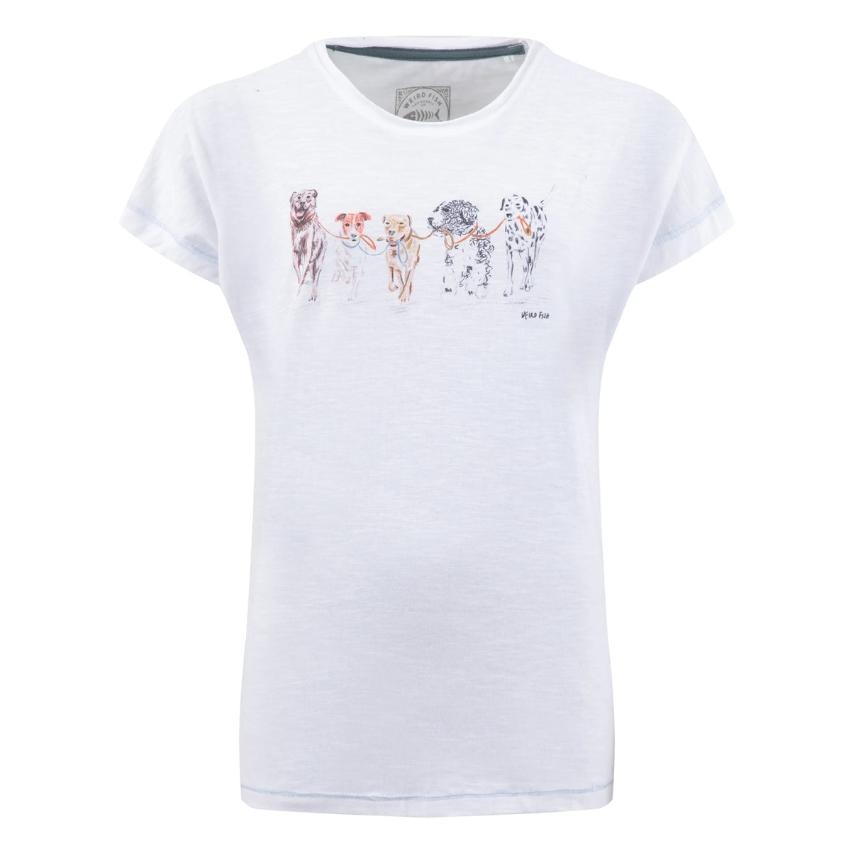 Main front view of a womens Weird Fish short sleeve Take the Lead t-shirt in white with five dogs printed across the chest.